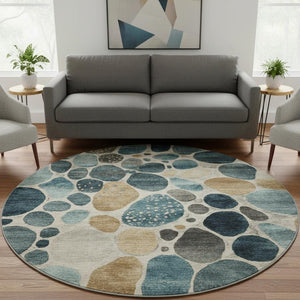 HomeRoots 8' X 10' Modern Geometric Washable Area Rug in Teal, Beige & Ivory with UV Protection & Non-Slip 710374