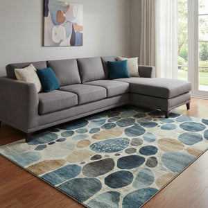 HomeRoots 9' X 12' Teal Beige Ivory Geometric Area Rug - Washable, UV Protected, Perfect for Kids & Pets! 710375
