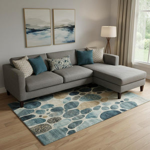 HomeRoots 10' Teal, Beige & Ivory Geometric Washable Area Rug – Durable, UV-Protected Style for Busy Homes 710376