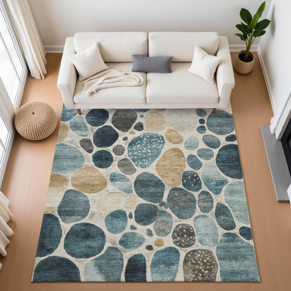 HomeRoots 10' Teal, Beige & Ivory Geometric Washable Area Rug – Durable, UV-Protected Style for Busy Homes 710376