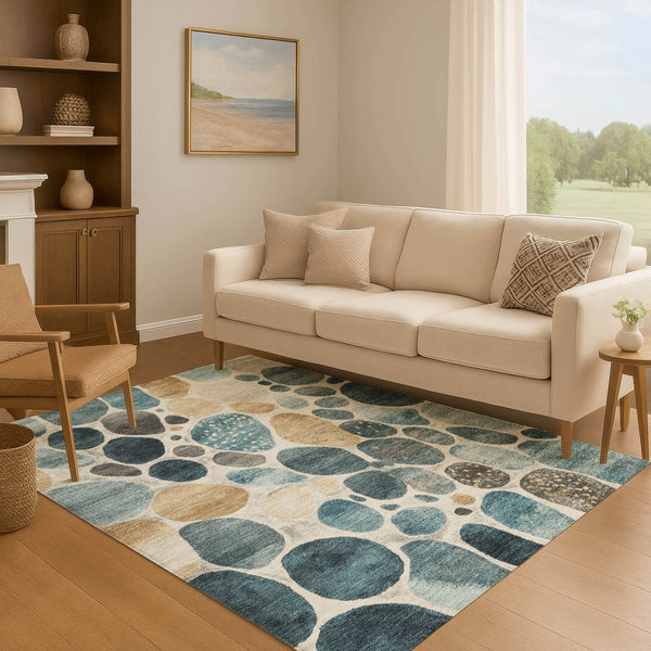 HomeRoots 10' Teal, Beige & Ivory Geometric Washable Area Rug – Durable, UV-Protected Style for Busy Homes 710376