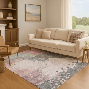 HomeRoots 8' Blush Beige & Sage Abstract Round Rug - Washable, UV-Protected, Stain-Resistant & Durable Design 710379