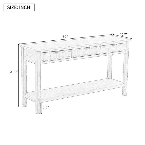 English Elm U_Style 60'' Modern Console Table With Honeycomb-Patterned Drawers, Solid Fir Legs For Versatile Storage N711P230811B-GIGA