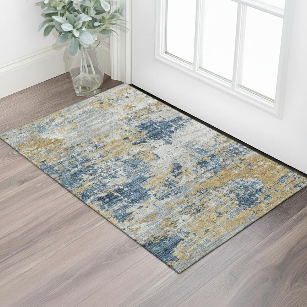 HomeRoots 5' X 8' Stylish Rust Beige and Blue Abstract Washable Area Rug with UV Protection for Modern Homes 710390