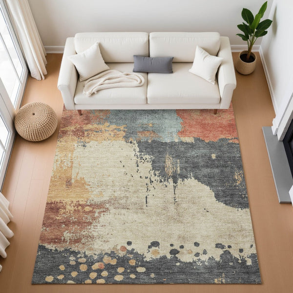 HomeRoots 9' X 12' Stylish Rust Beige & Blue Abstract Washable Area Rug with UV Protection for High-Traffic Rooms 710393