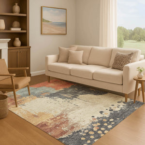 HomeRoots 10' X 14' Washable Area Rug in Rust Beige & Blue - Durable, UV Protected, Non-Slip for Modern Homes 710394