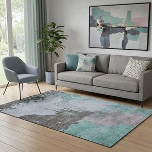 HomeRoots 8' Teal And Taupe Abstract Washable Round Rug - Durable, Stylish, Stain Resistant & UV Protected Design 710397