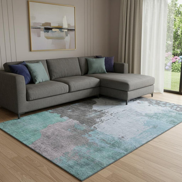 HomeRoots 9' X 12' Teal And Taupe Abstract Washable Area Rug - UV Protected, Stain-Resistant & Durable Design 710399