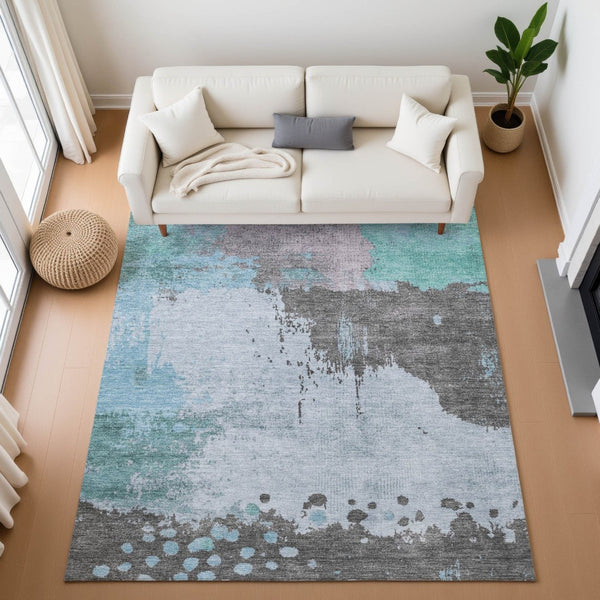 HomeRoots 9' X 12' Teal And Taupe Abstract Washable Area Rug - UV Protected, Stain-Resistant & Durable Design 710399