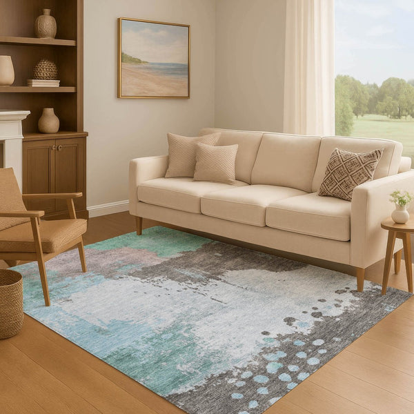 HomeRoots 9' X 12' Teal And Taupe Abstract Washable Area Rug - UV Protected, Stain-Resistant & Durable Design 710399