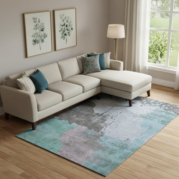 HomeRoots 10' Teal and Taupe Abstract Area Rug - Washable, UV Protected, Stain Resistant for High-Traffic Spaces 710400