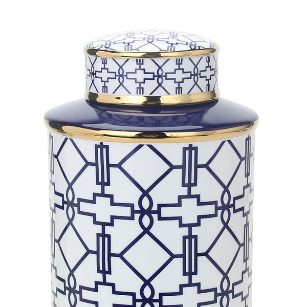 English Elm Elegant White Ceramic Ginger Jar With Blue Geometric Design - Stylish Storage & Accent Piece B030P308552