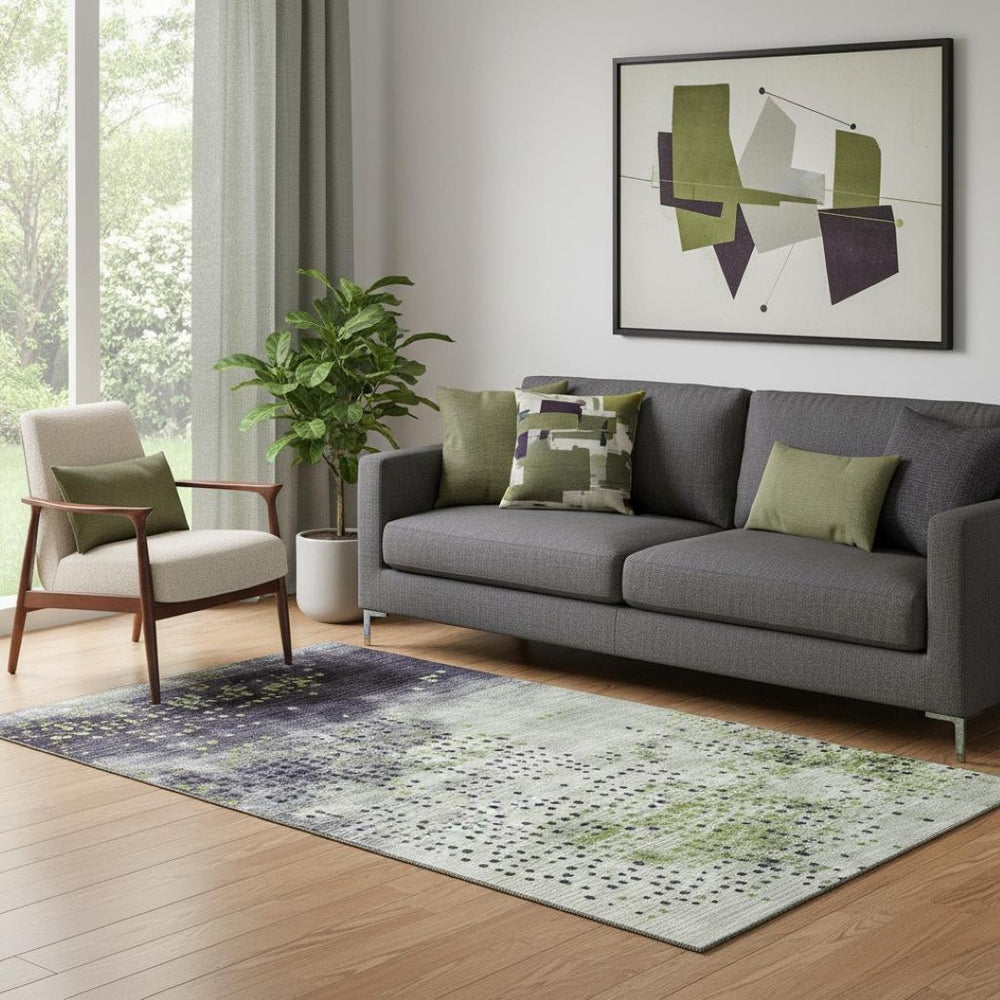 HomeRoots 8' Geometric Round Rug in Artichoke Green & Eggplant - Washable, UV-Protected, Durable Design! 710403