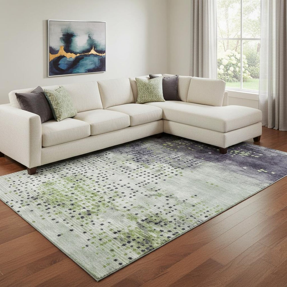 HomeRoots 9' X 12' Geometric Artichoke Green & Eggplant Area Rug - Washable, UV Protected for High-Traffic Spaces 710406