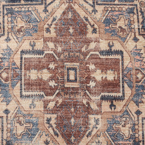 HomeRoots 8' Linen and Blue Geometric Round Rug - Washable, UV Protected, Stylish for Modern Spaces & Durability 710438