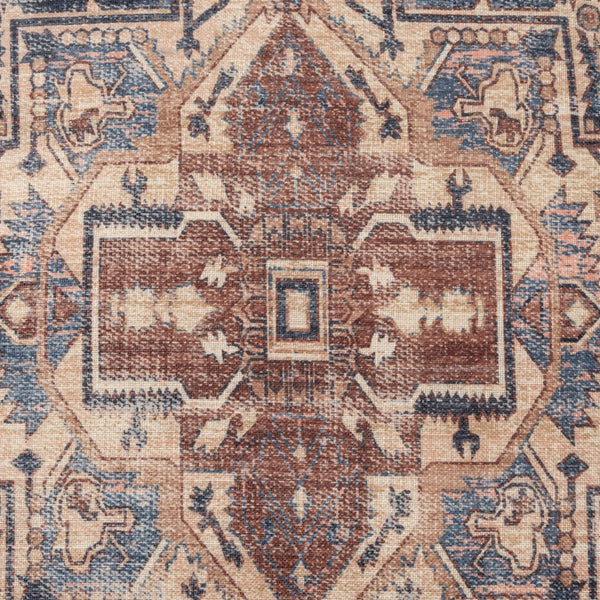 HomeRoots 8' Linen and Blue Geometric Round Rug - Washable, UV Protected, Stylish for Modern Spaces & Durability 710438