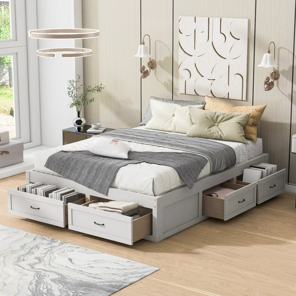 English Elm Queen Platform Bed with Six Storage Drawers Low Profile Frame for Modern Bedrooms Antique White N708P263022K-1