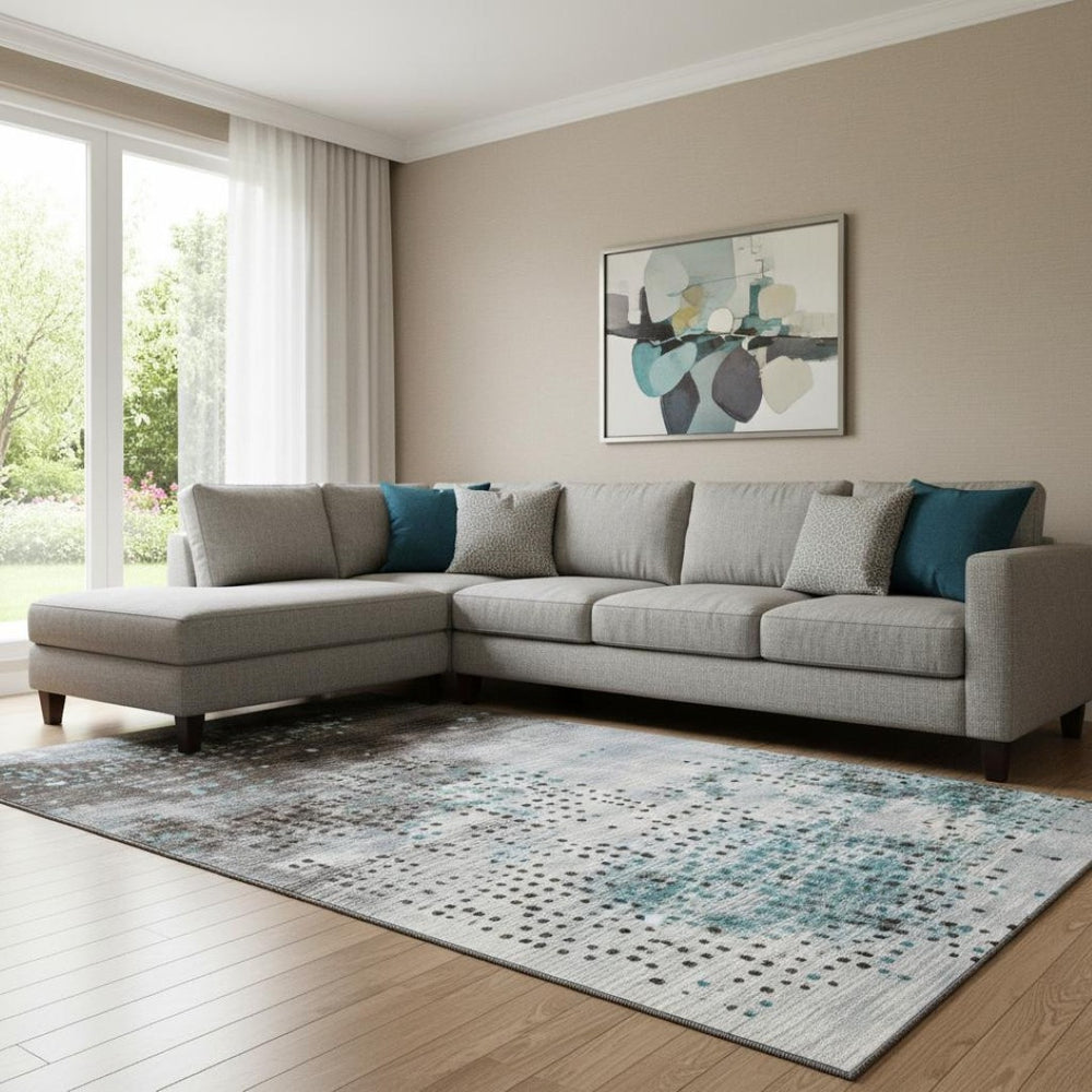 HomeRoots 9' X 12' Teal & Chocolate Geometric Area Rug – Durable, Washable, UV-Protected for Homes with Kids & Pets 710452