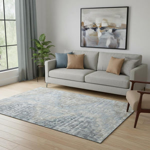 HomeRoots 8' Denim Blue Geometric Washable Round Rug with UV Protection, Stain Resistance & Non-Slip Backing 710456