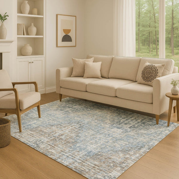 HomeRoots 8' Denim Blue Geometric Washable Round Rug with UV Protection, Stain Resistance & Non-Slip Backing 710456