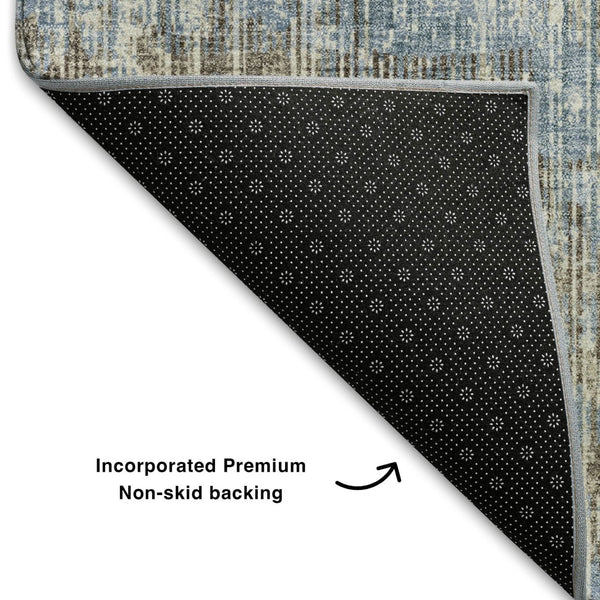 HomeRoots 8' Denim Blue Geometric Washable Round Rug with UV Protection, Stain Resistance & Non-Slip Backing 710456