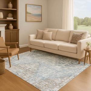 HomeRoots 8' Denim Blue Geometric Washable Round Rug with UV Protection, Stain Resistance & Non-Slip Backing 710456