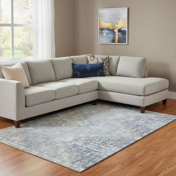 HomeRoots 9' X 12' Denim Blue & Ivory Geometric Area Rug - Washable, UV-Protected, Non-Slip, Kid-Friendly Design 710458