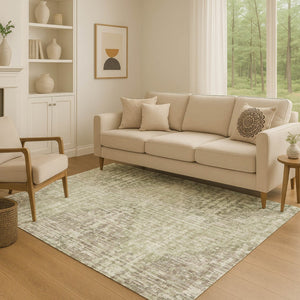 HomeRoots 10' Washable Fern Green & Taupe Geometric Area Rug with UV Protection for Stylish Living Spaces 710465