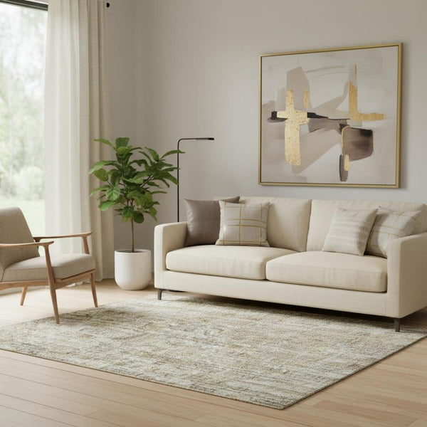 HomeRoots 8' Khaki and Beige Geometric Round Rug - Washable, UV Protected, Non-Slip for High-Traffic Areas 710468