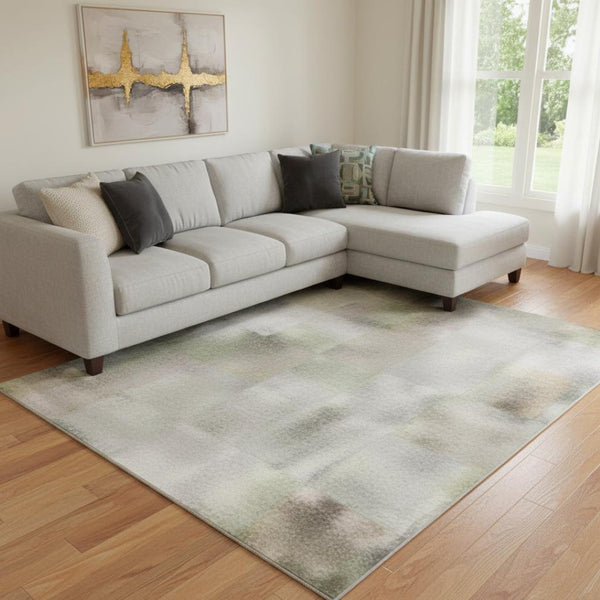 HomeRoots 9' X 12' Khaki & Beige Geometric Washable Area Rug with UV Protection for Modern Living Spaces 710470