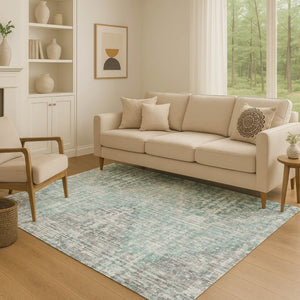 HomeRoots 5' X 8' Teal and Gray Geometric Area Rug – Washable, UV Protected, Stain Resistant for Modern Homes 710479
