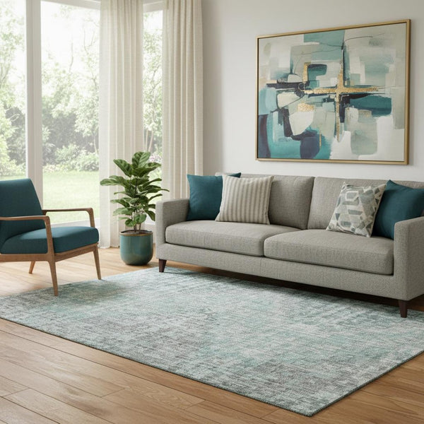 HomeRoots 8' Teal and Gray Geometric Round Rug - Washable, UV-Resistant, Pet-Friendly, Modern Home Decor 710480