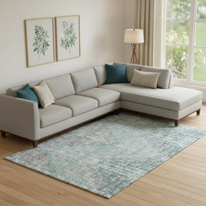 HomeRoots 10' X 14' Teal and Gray Geometric Area Rug - Washable, UV Protected, Stain Resistant for Modern Spaces 710485