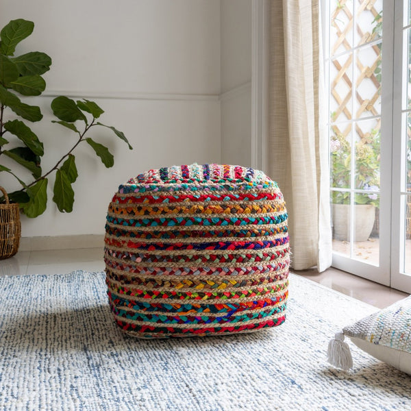 HomeRoots 18" Handcrafted Beige Upholstery Pouf Ottoman - Versatile Boho-Chic Accent for Home & Office Use 710487