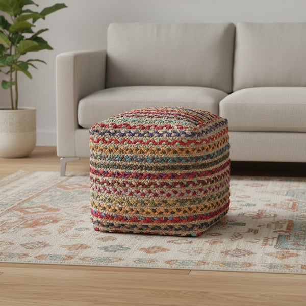 HomeRoots 18" Handcrafted Beige Upholstery Pouf Ottoman - Versatile Boho-Chic Accent for Home & Office Use 710487