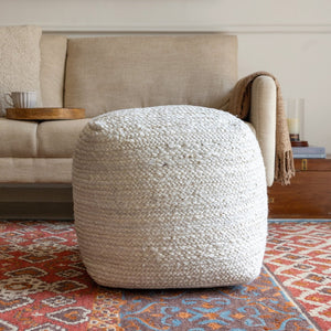 HomeRoots 18" Geometric Cube Pouf Ottoman in Ivory & Natural Cotton Jute - Versatile Boho Accent for Any Space 710489