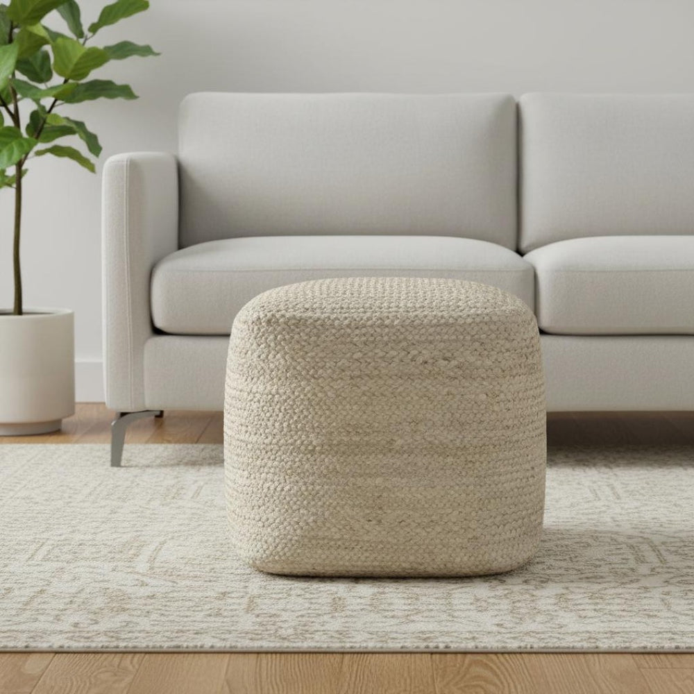 HomeRoots 18" Geometric Cube Pouf Ottoman in Ivory & Natural Cotton Jute - Versatile Boho Accent for Any Space 710489