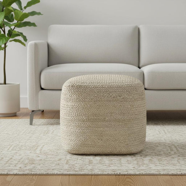 HomeRoots 18" Geometric Cube Pouf Ottoman in Ivory & Natural Cotton Jute - Versatile Boho Accent for Any Space 710489