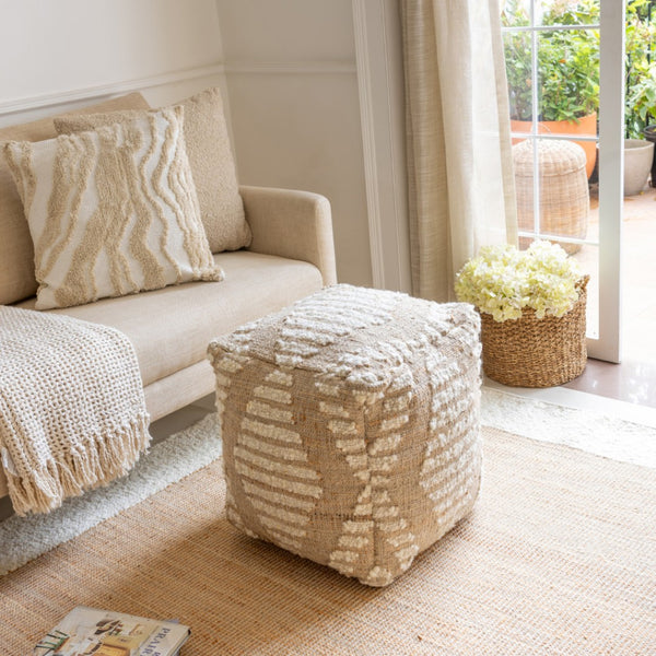 HomeRoots 18" Cube Pouf Ottoman in Natural & Off-White Cotton Jute Wool – Boho Chic for Small Spaces 710490