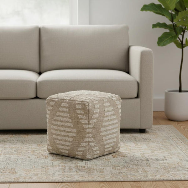 HomeRoots 18" Cube Pouf Ottoman in Natural & Off-White Cotton Jute Wool – Boho Chic for Small Spaces 710490