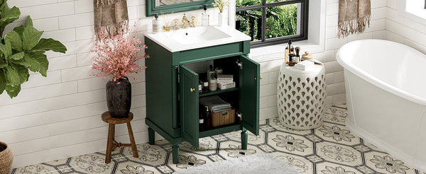 English Elm 24'' Modern Bathroom Vanity with Ceramic Basin, Solid Wood Frame, Soft-Close Doors, Ample Storage Green N710P190503F