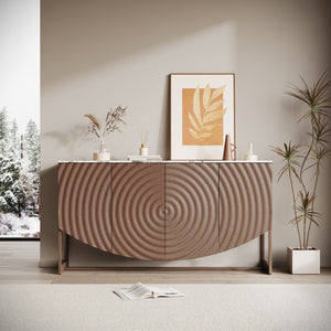 English Elm Unique Wave Relief Sideboard Buffet with Marble Top Four Door Living Dining Storage W2263P375694
