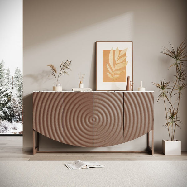 English Elm Unique Wave Relief Sideboard Buffet with Marble Top Four Door Living Dining Storage W2263P375694