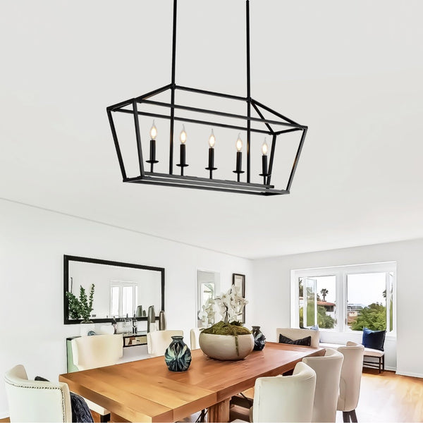 English Elm 5-light Industrial Farmhouse Chandelier Matte Black Metal Linear Pendant for Kitchen Island W5008P465021