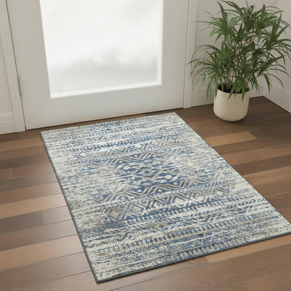HomeRoots 5' Blue Gray and Beige Moroccan Area Rug - Washable, UV Protected, Family-Friendly Design for Homes 710504