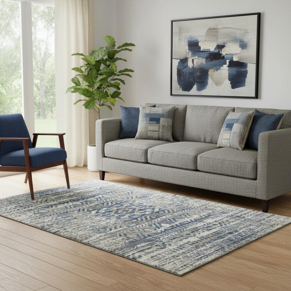 HomeRoots 8' Moroccan-Inspired Washable Round Rug in Blue-Gray & Beige - Durable, UV-Protected, Pet-Friendly Design 710505