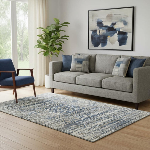 HomeRoots 8' Moroccan-Inspired Washable Round Rug in Blue-Gray & Beige - Durable, UV-Protected, Pet-Friendly Design 710505
