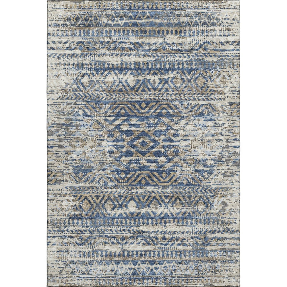HomeRoots 8' Moroccan-Inspired Washable Round Rug in Blue-Gray & Beige - Durable, UV-Protected, Pet-Friendly Design 710505