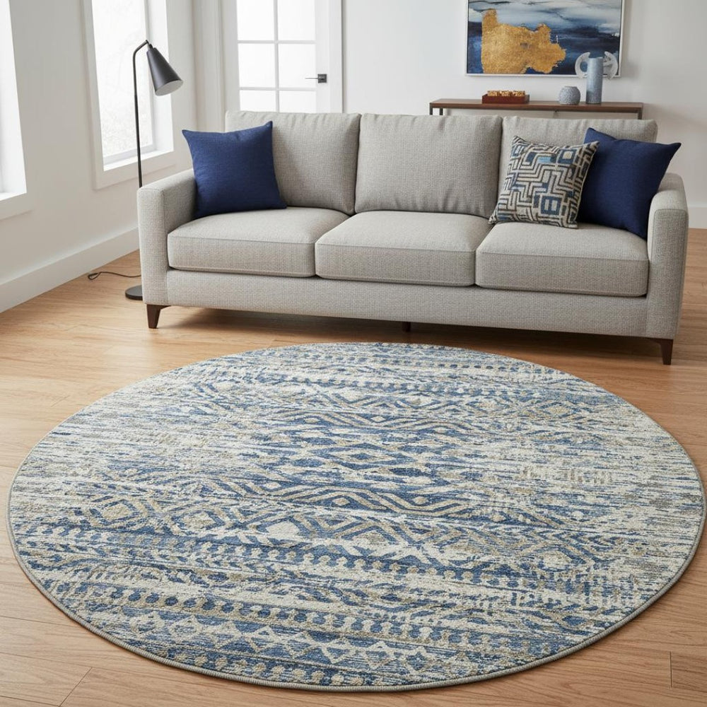 HomeRoots 8' X 10' Washable Blue Gray and Beige Moroccan Area Rug with UV Protection for Stylish Homes & Patios 710506