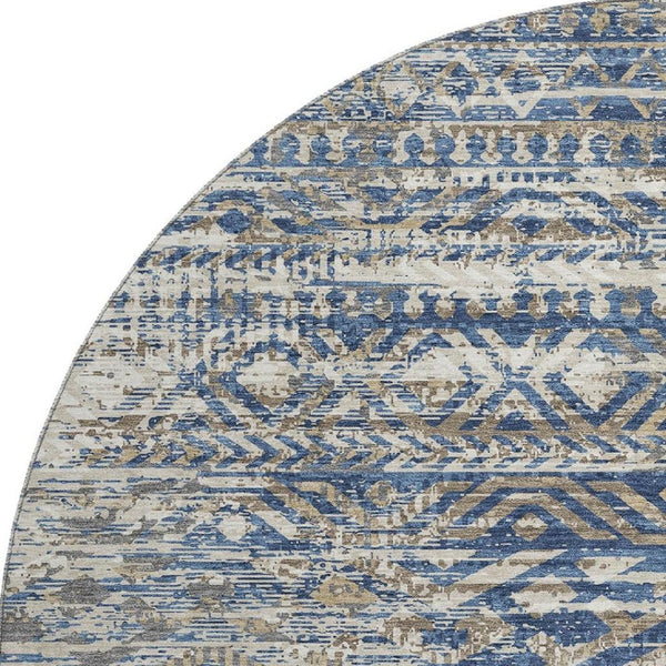 HomeRoots 8' X 10' Washable Blue Gray and Beige Moroccan Area Rug with UV Protection for Stylish Homes & Patios 710506